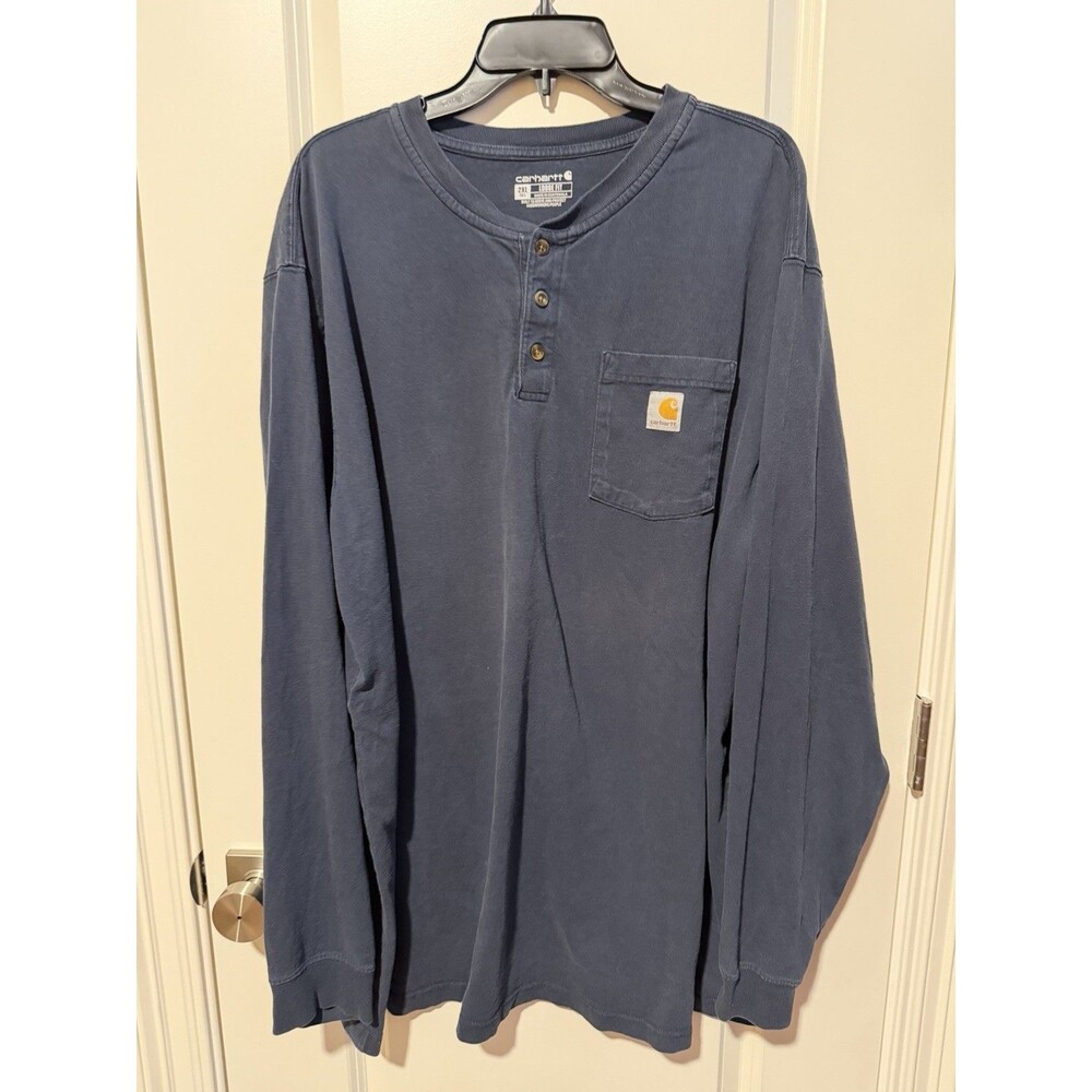 Carhartt K128 Henley Shirt Mens 2XL Navy Loose Fit Long Sleeve Pocket Workwear